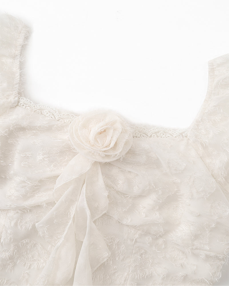 Fragrant mist white tea temperament flower snowflake velvet splicing design skirt dress R0050