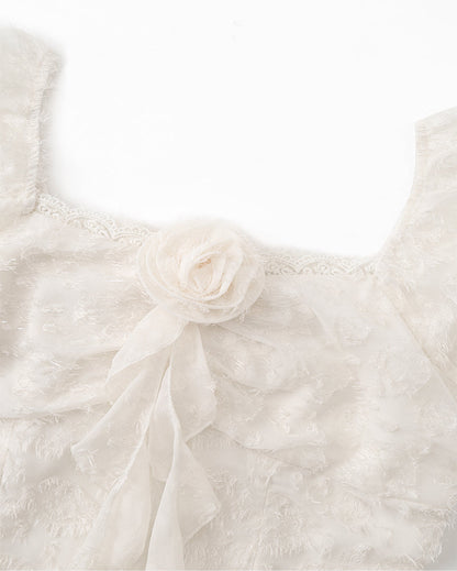 Fragrant mist white tea temperament flower snowflake velvet splicing design skirt dress R0050