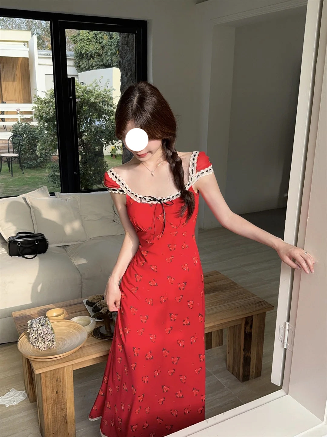 Tea break French floral dress 2025 new slim retro red holiday style long skirt R0045