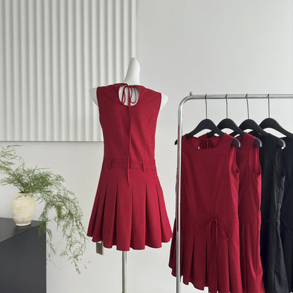 French retro little red dress with hollow back and tie-up pleated sleeveless vest dress R0037