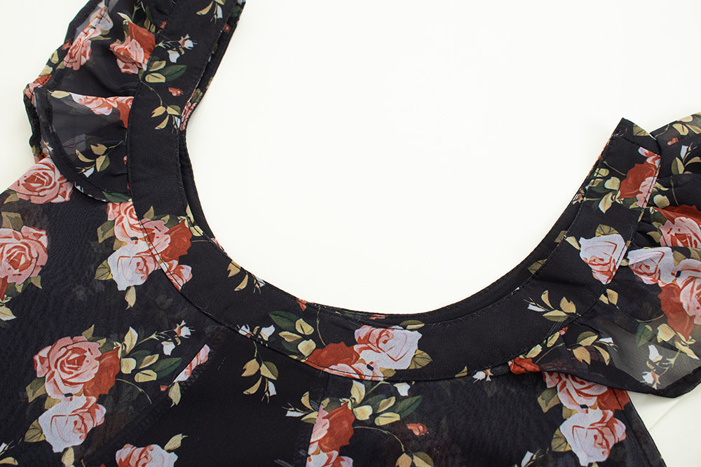 Black small flying sleeve slim floral long skirt 2025 new holiday style French retro dress R0048
