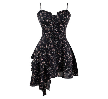 Dark pure desire niche irregular floral suspender hot girl dress R0020