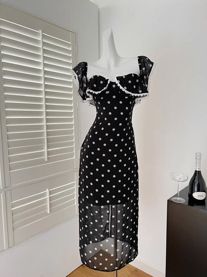 Tea break French retro polka dot dress 2025 new holiday slim temperament long dress R0041