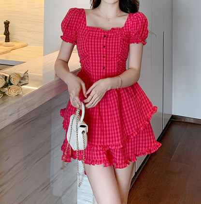 Rose red square neck bubble short sleeve plaid dress new French waist sweet princess tutu skirt R0064