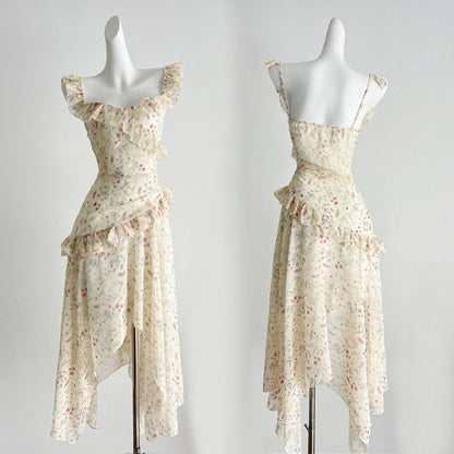 Tea break French floral dress seaside holiday style irregular fairy long dress R0035