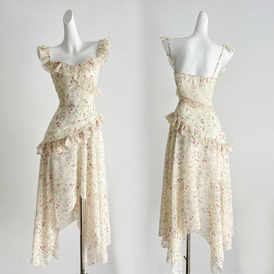 Tea break French floral dress seaside holiday style irregular fairy long dress R0035
