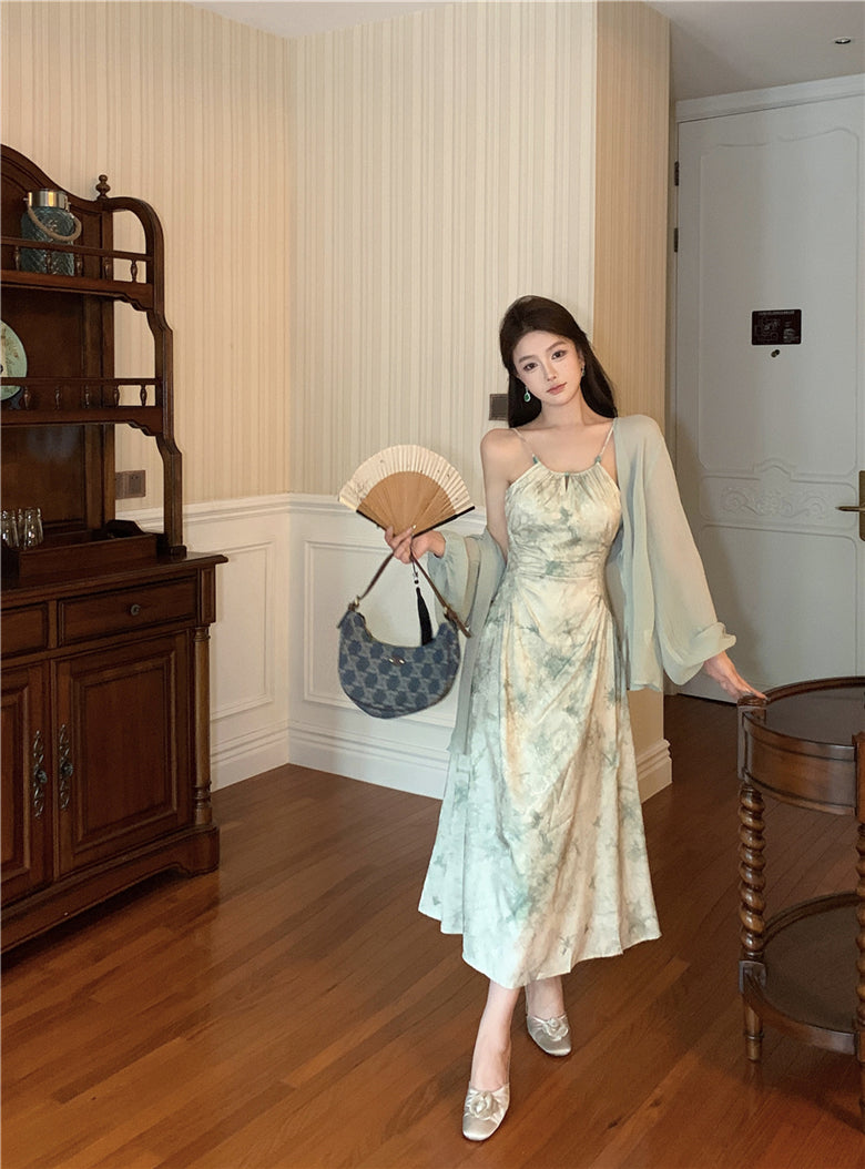 Green suspender halter dress unique chiffon sunscreen cardigan two-piece set R0616