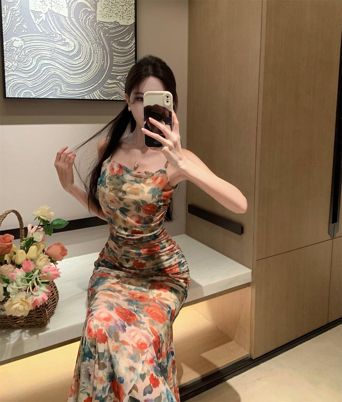 Retro floral suspender dress beautiful waist hip skirt R0657