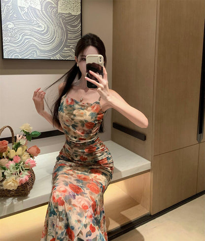Retro floral suspender dress beautiful waist hip skirt R0657
