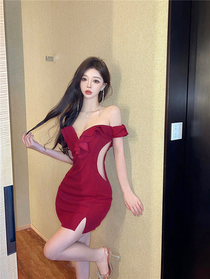 Sexy ruffled one-shoulder dress for women, high-end temperament, v-neck, slim-fitting, hip-wrapped short skirt R3676
