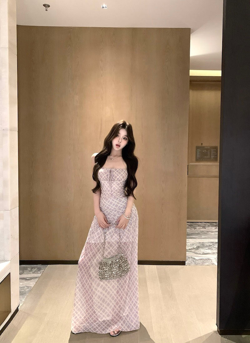 Purple suspender dress beautiful waist a-line beach dress R0587