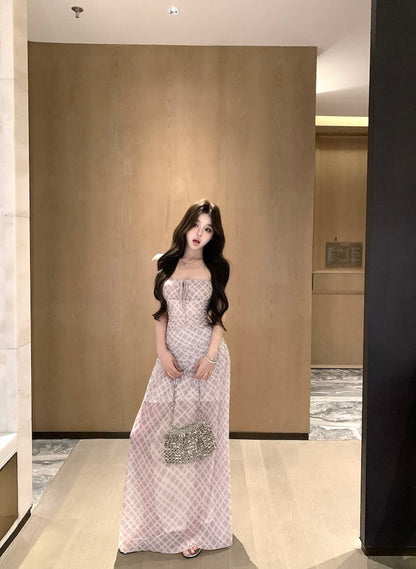 Purple suspender dress beautiful waist a-line beach dress R0587