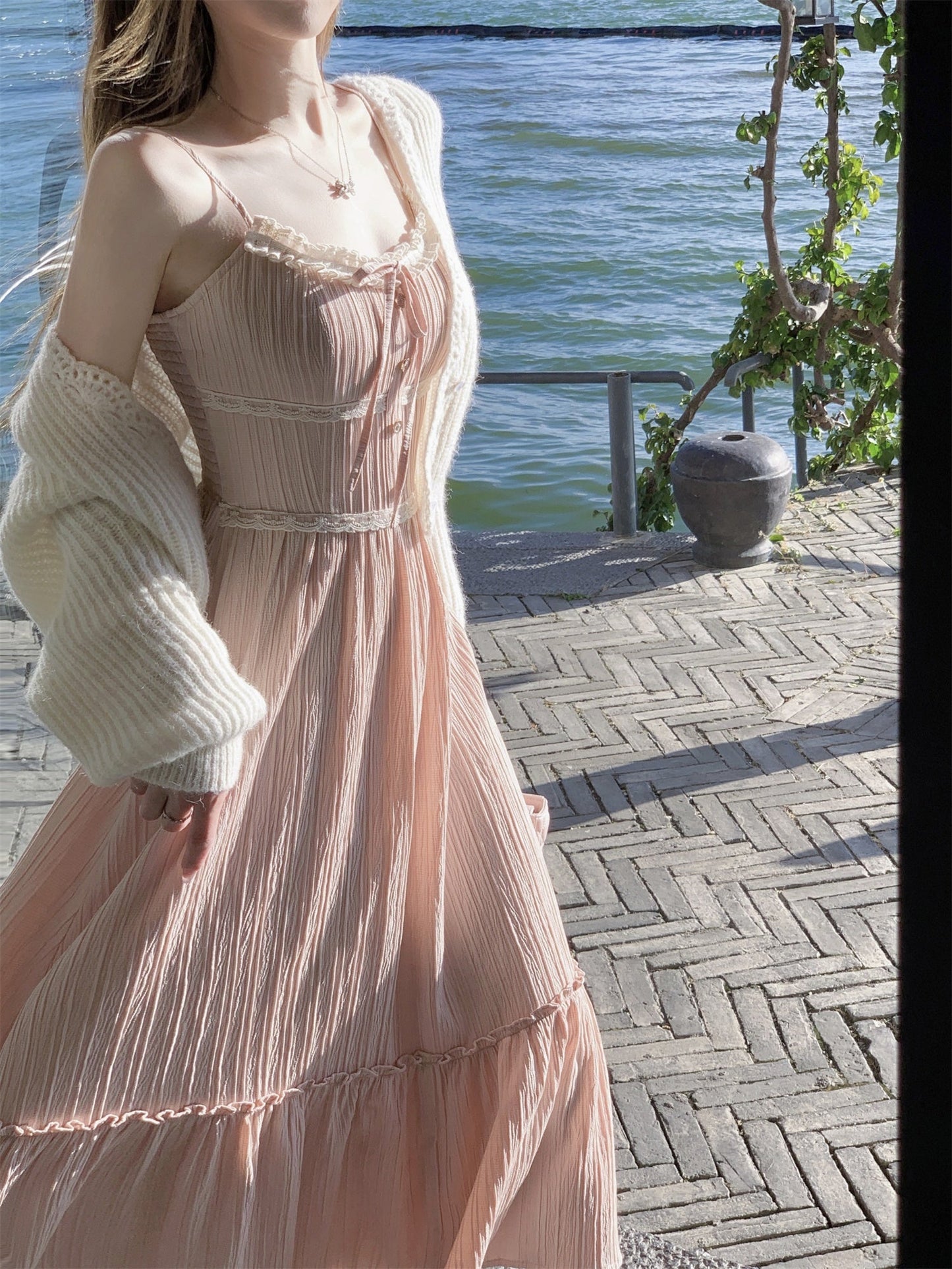 Gentle fairy nude pink lace sling long skirt dress R3872