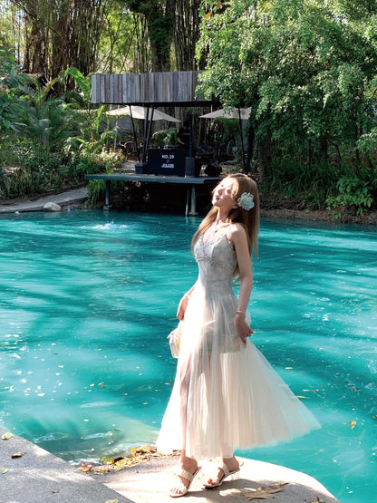 Mint green mesh dress fairy holiday lace summer suspender long dress new style R3873