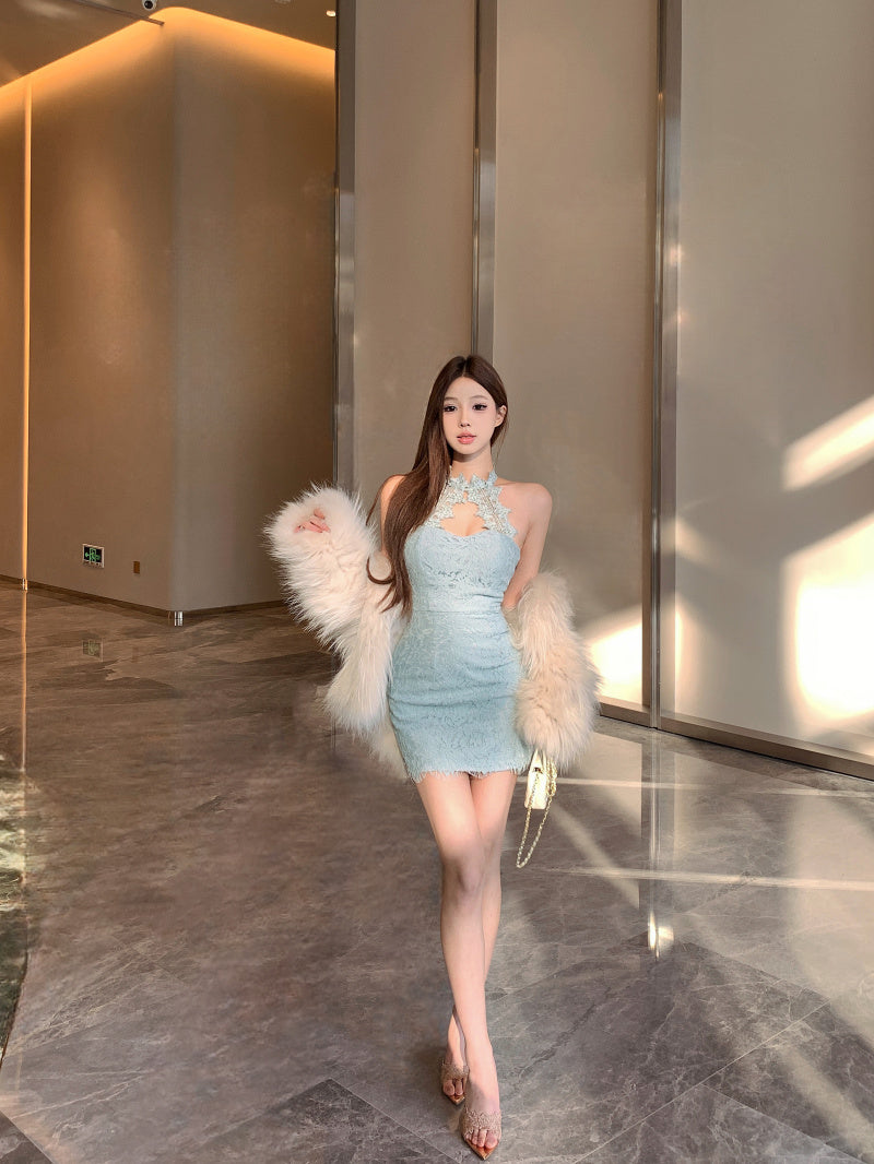Sexy halter neck slim fit hip skirt hollow dress dress R0544