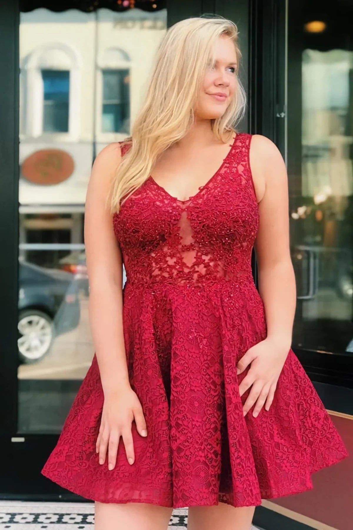 Cute V Neck Red Lace Short Prom Dress Homecoming Dress      S3314