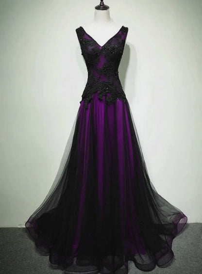A-Line Black And Purple Tulle V-Neckline Beaded Prom Dress, Black Tulle Formal Dress   S2560