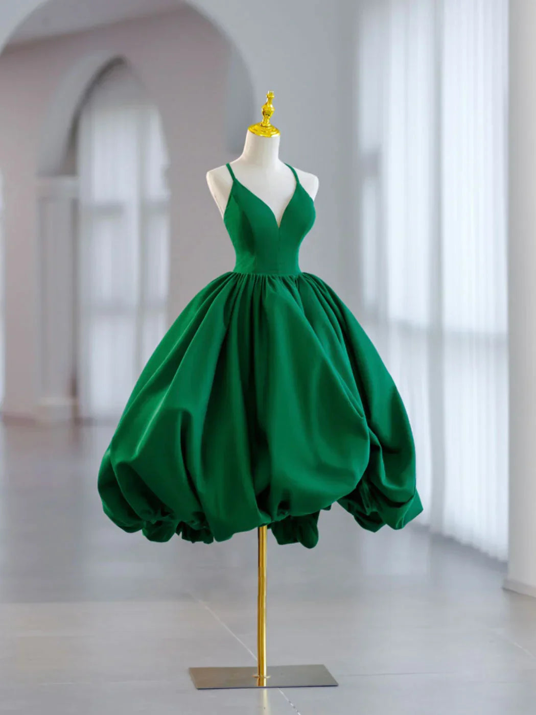 Green Ball Gown Satin Short Prom Dress Green Satin Evening Dress Green Homecoming Dresses