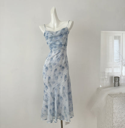 Blue summer romance song neck halter design goddess dress long and short chiffon dress for women DP0007
