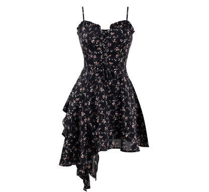 Dark pure desire niche irregular floral suspender skirt dress R0002