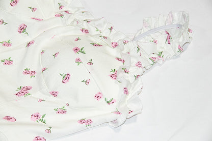 White floral suspender dress with slim waist and princess puffy skirt R0004