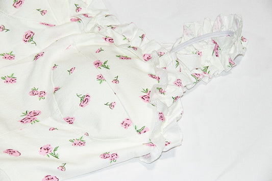 White floral suspender dress with slim waist and princess puffy skirt R0004