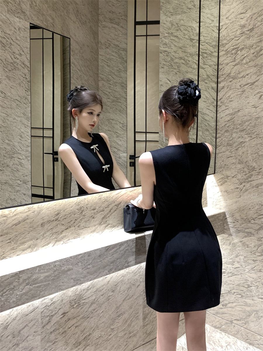 Temperament little black dress bow vest dress waist A-line small dress R0536