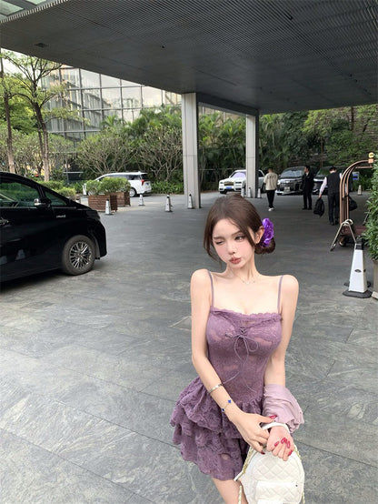 Sexy purple suspender dress with elegant waist and slimming A-line short skirt R0541