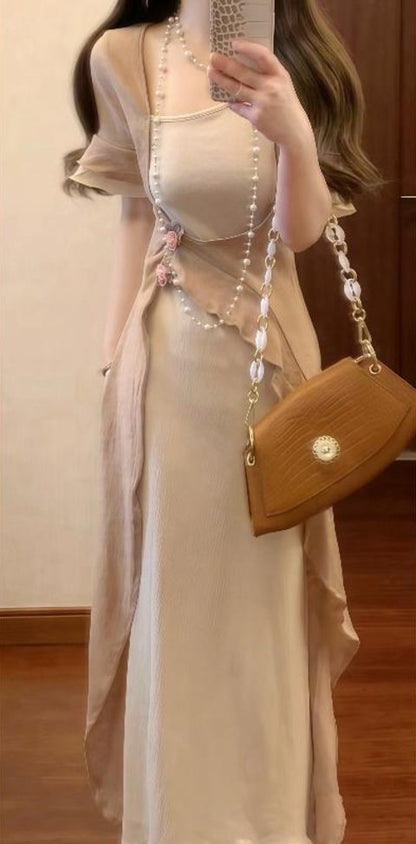 Retro ruffled two-piece dress with gentle temperament, slim waist and hip skirt R0647