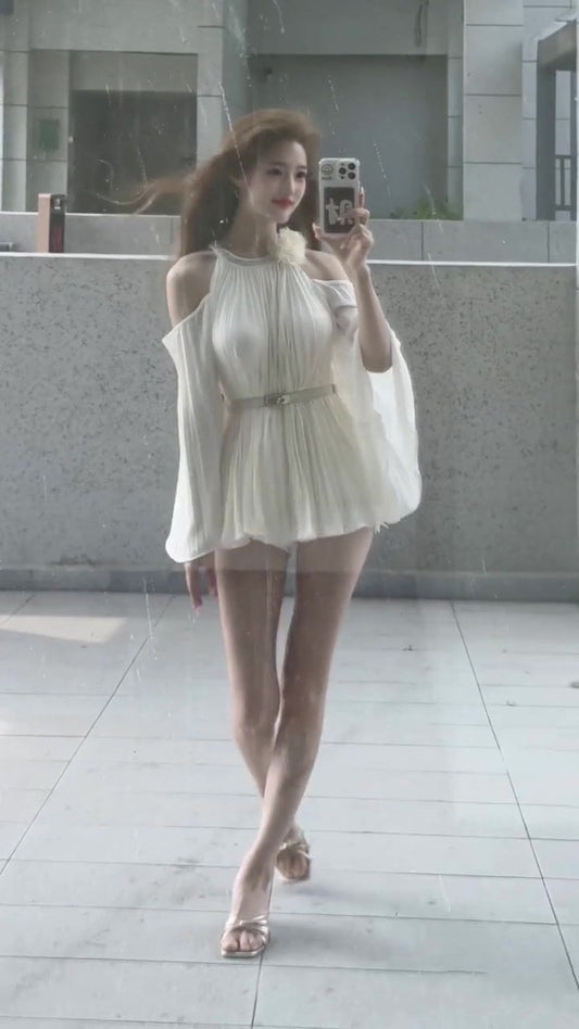 Temperament three-dimensional flower halter neck dress beautiful waist A-line short skirt R0653