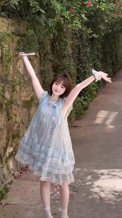 Gentle and sweet style blue floral dress beautiful loose A-line short skirt for petite R0651