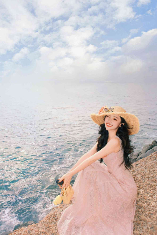 Pink lace suspender dress unique waist temperament long skirt R0496