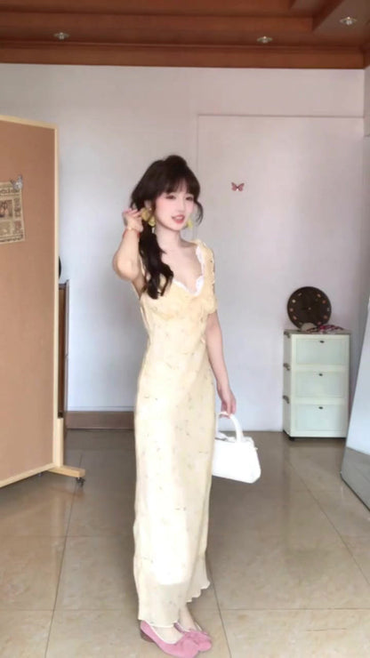 Gentle style yellow v-neck floral dress beautiful temperament waist slim long dress R0503