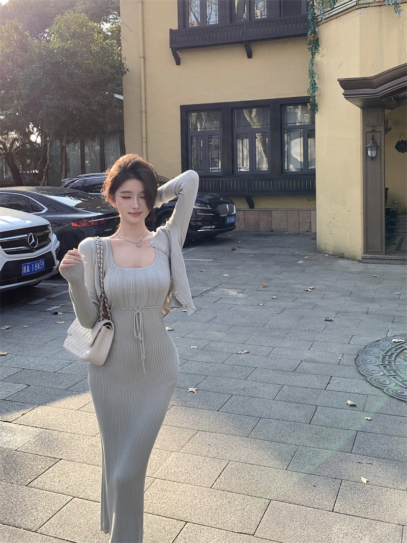 Sexy pink knitted suspender dress gentle temperament waist slim hip skirt R0502