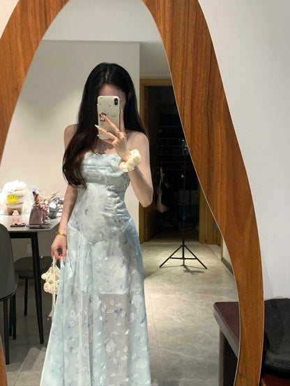 French floral suspender long dress beautiful dress for women in summer R0687