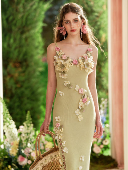 French heavy design flower wool knitted suspenders green slit dress R5112