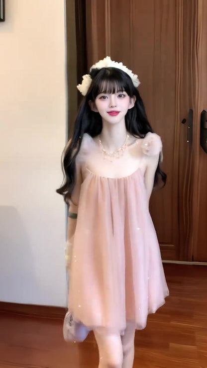 Gentle temperament pink mesh suspender dress high-grade loose A-line short skirt R0820