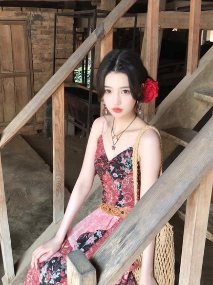 Women's Retro Floral Sling Dress Beautiful Waist A-Line Long Dress R0605