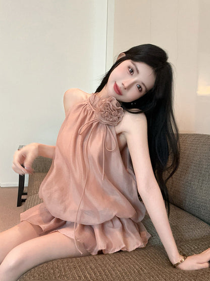 Gentle style, chic and beautiful flower halter neck short skirt, temperament petite dress R0796