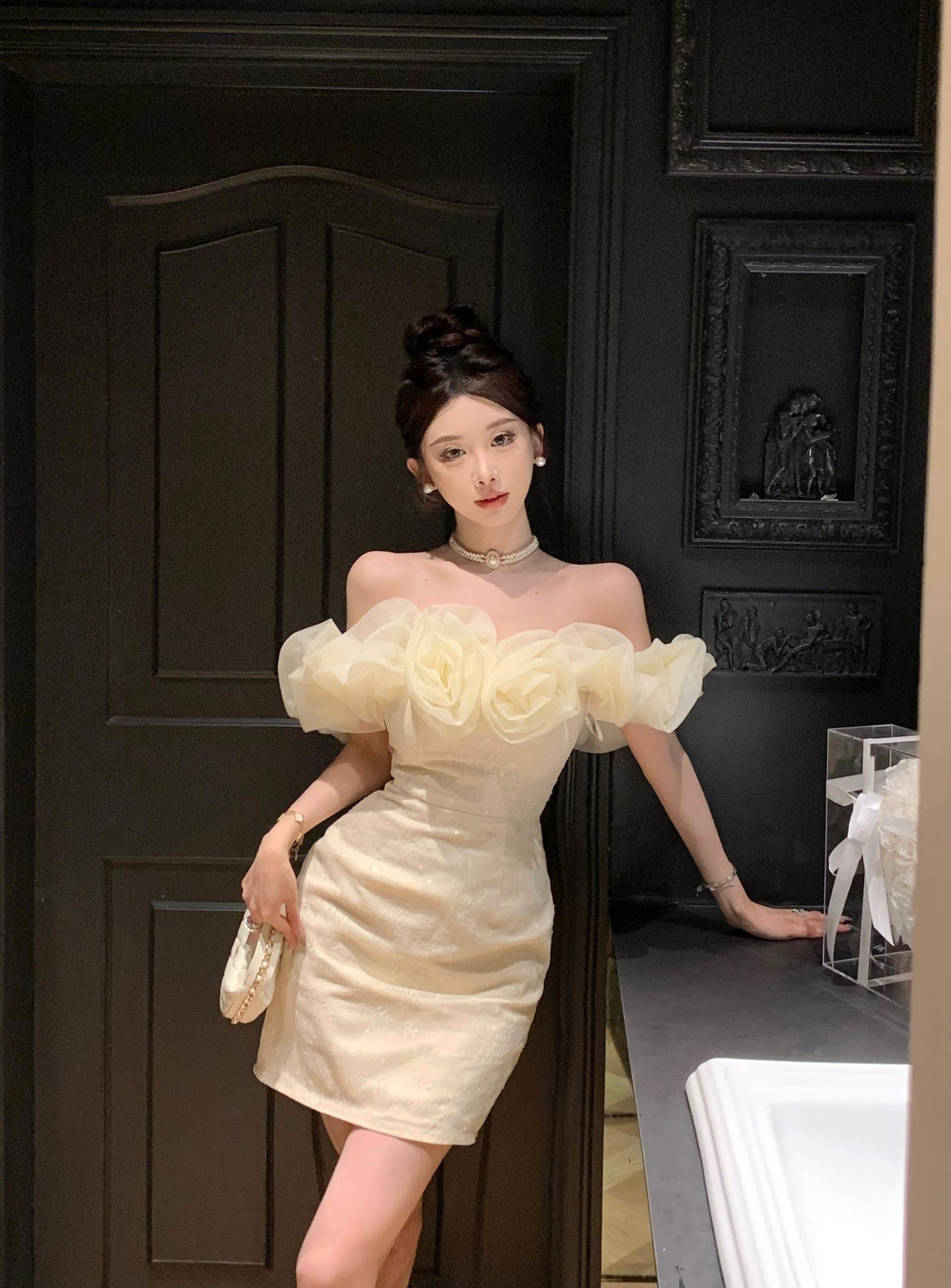 Temperament flower one-shoulder dress niche design banquet small dress R0797