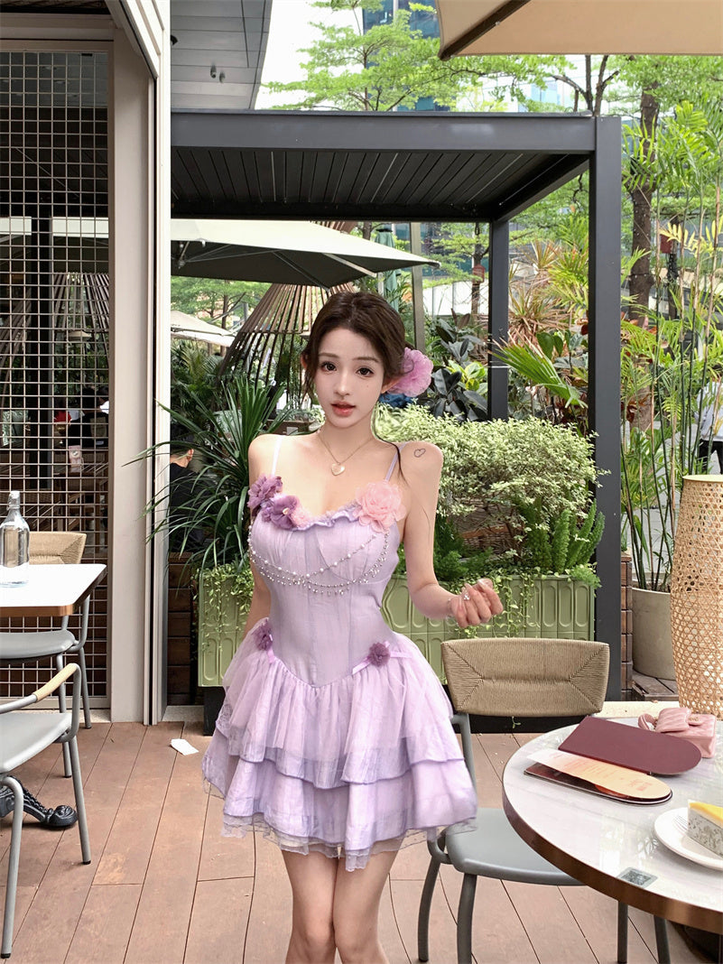 Purple suspender dress 2025 new style waist slim cake short skirt R0667