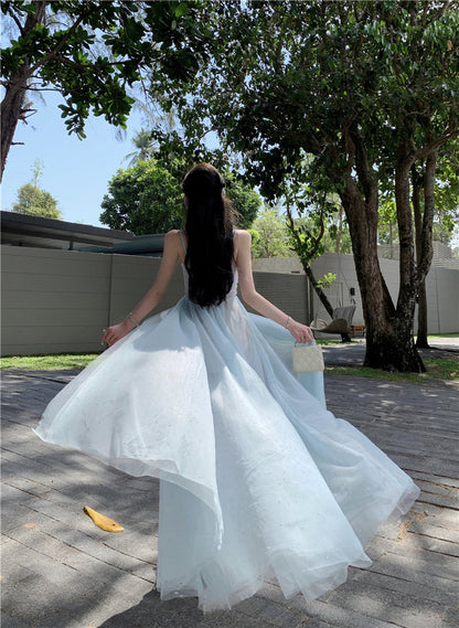 Blue V-neck suspender dress beautiful gentle temperament small skirt R0669