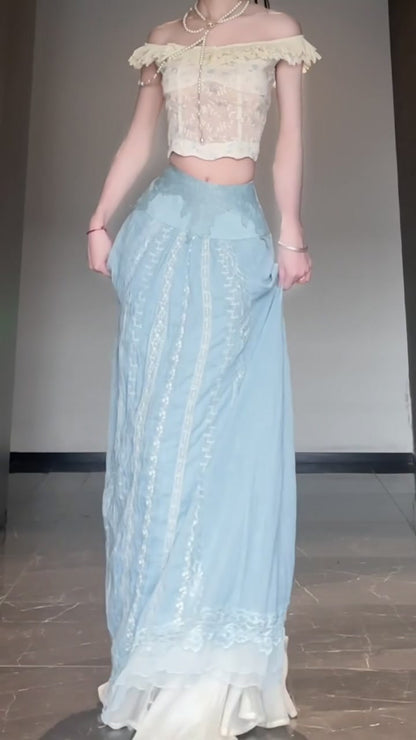 Gentle temperament white one-shoulder top a-line skirt two-piece set R0808