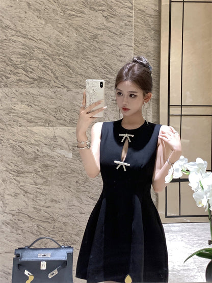 Temperament little black dress bow vest dress waist A-line small dress R0536