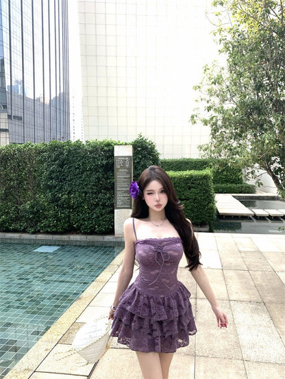 Sexy purple suspender dress with elegant waist and slimming A-line short skirt R0541