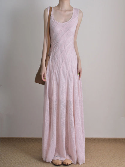 Pink suspender dress, beautiful waist temperament long dress R0533