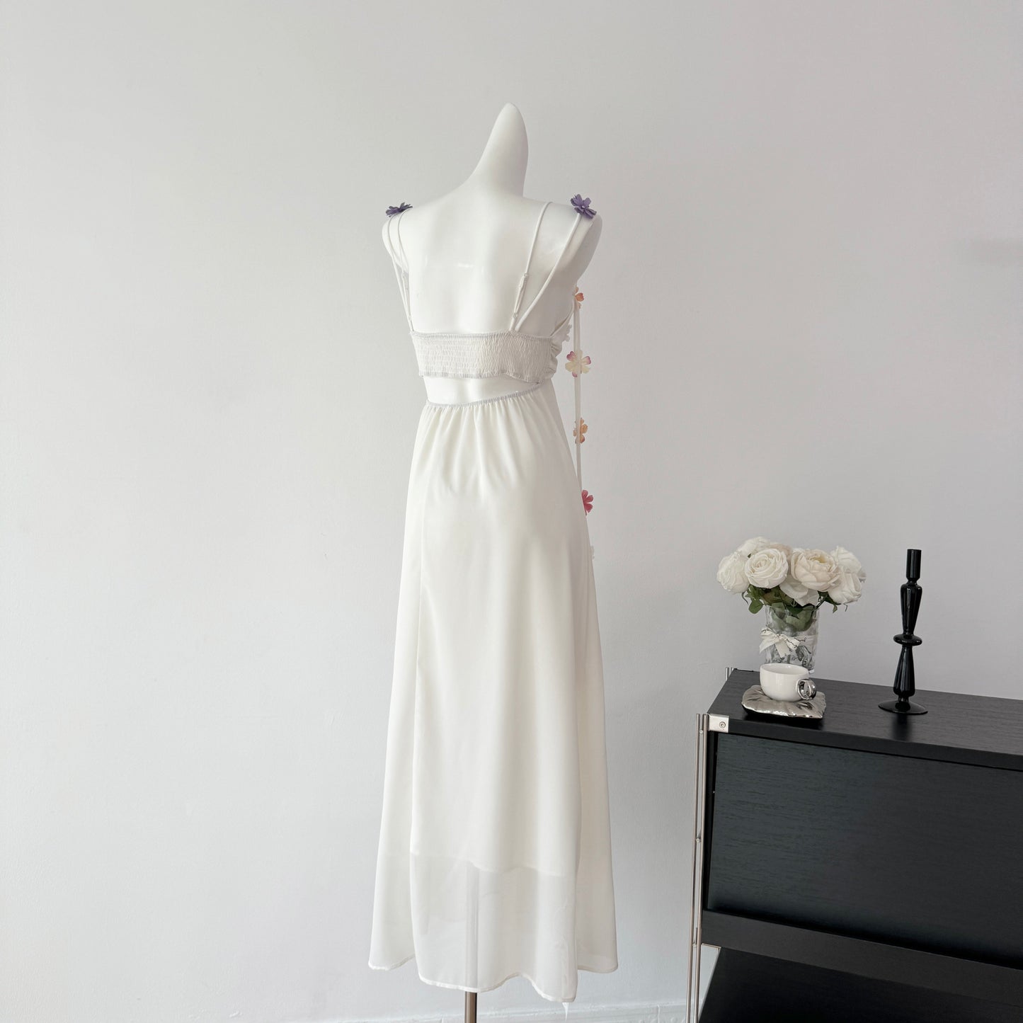 Cute A Line Spaghetti Straps Floral White Chiffon Summer Dress Holiday Party Outfits For Women DP0129