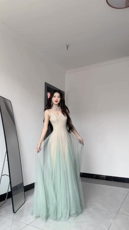 2025 new green mesh suspender dress beautiful waist temperament long skirt R0504