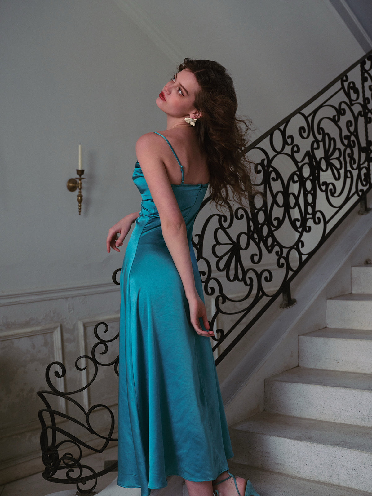 French retro textured satin slim long blue suspender dress holiday dress homecoming dress R5123