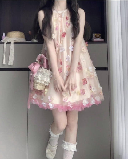 Gentle and sweet style flower off-shoulder halter dress beautiful loose A-line skirt R0798